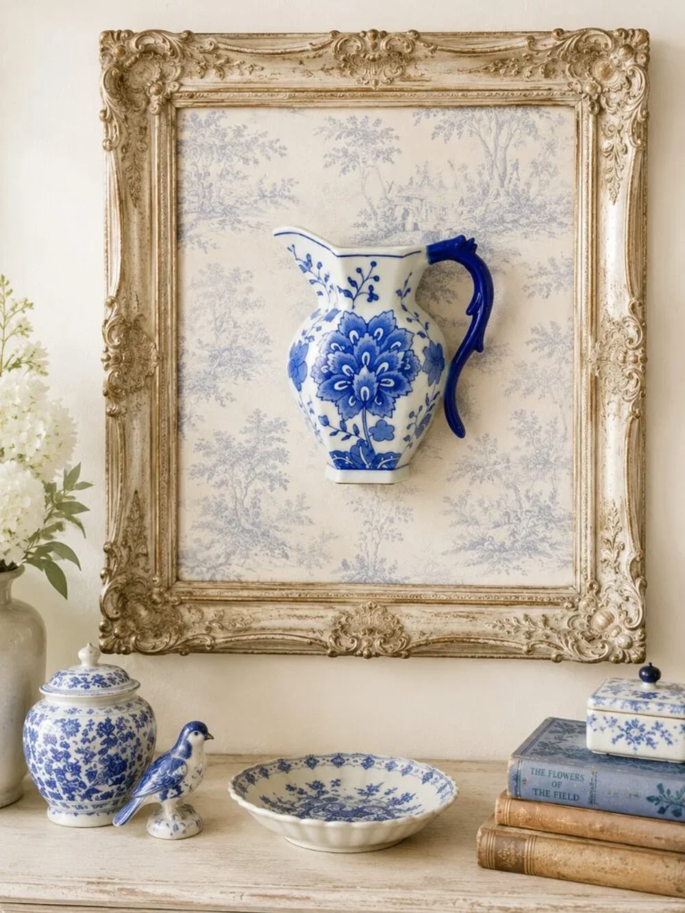 Vintage Wall Pocket Pitcher Planter Chinoiserie Blue and White Wall Vase